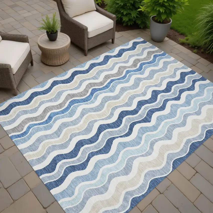 Blue Khaki And Ivory Striped Washable Indoor Outdoor Area Rug Photo 8