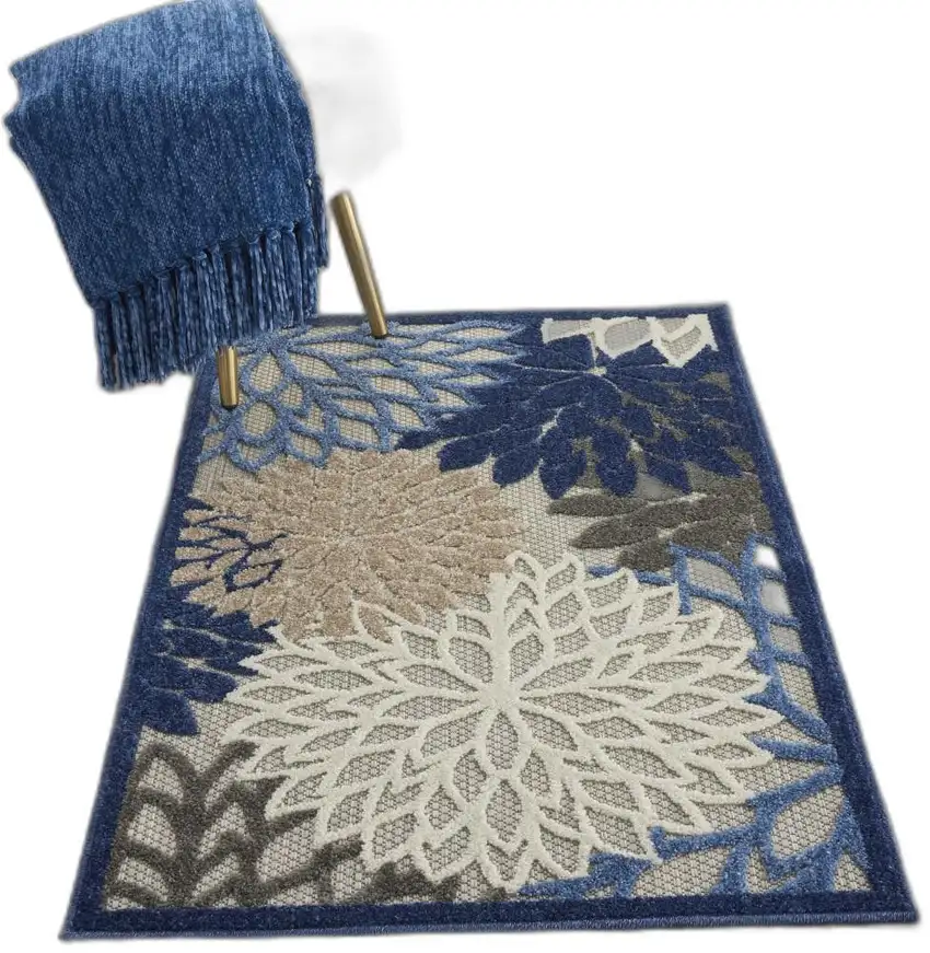 Blue Large Floral Indoor Outdoor Area Rug Photo 10