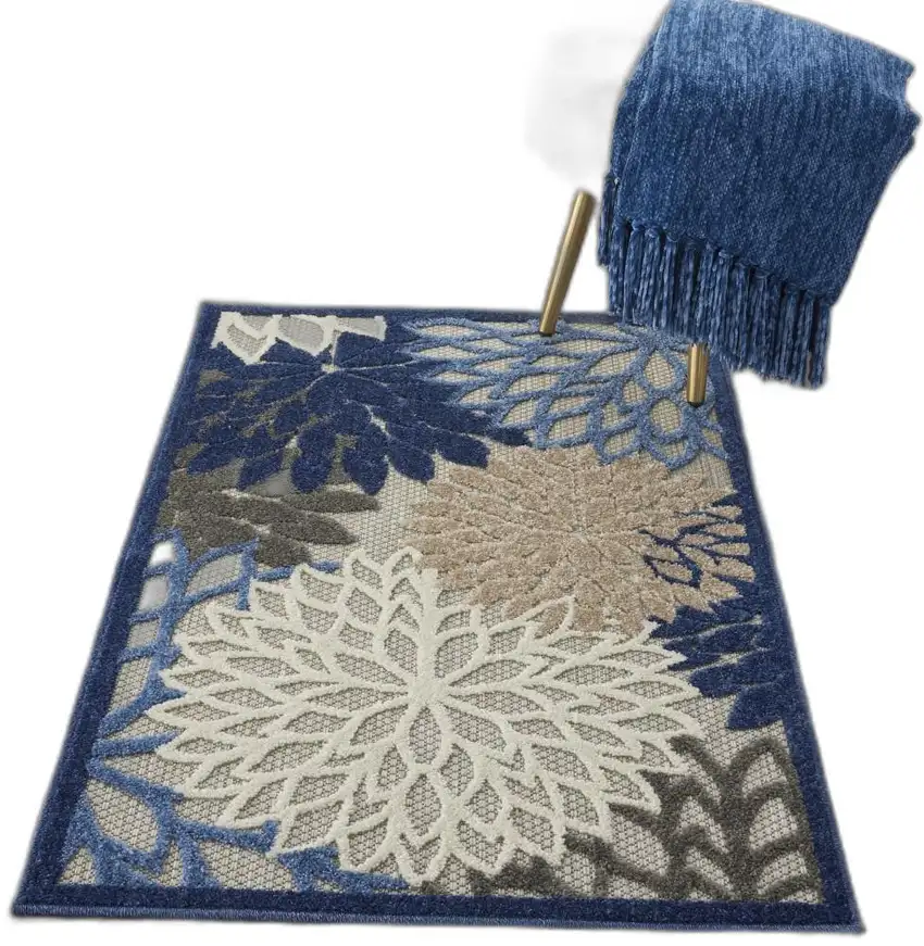 Blue Large Floral Indoor Outdoor Area Rug Photo 8