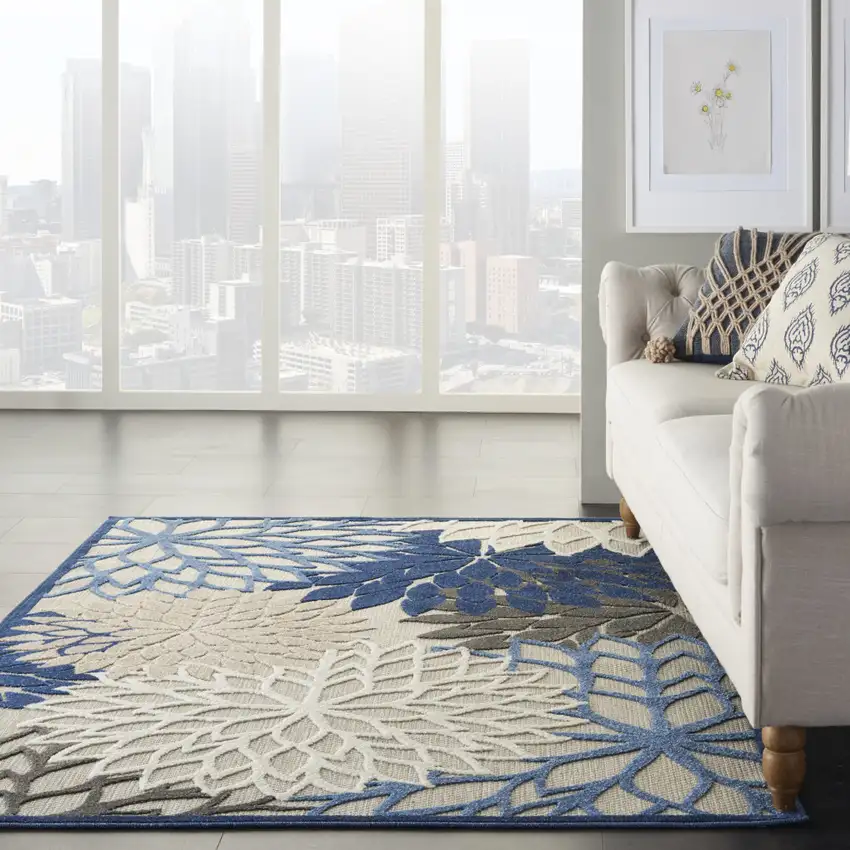 Blue And Gray Floral Indoor Outdoor Area Rug Photo 9