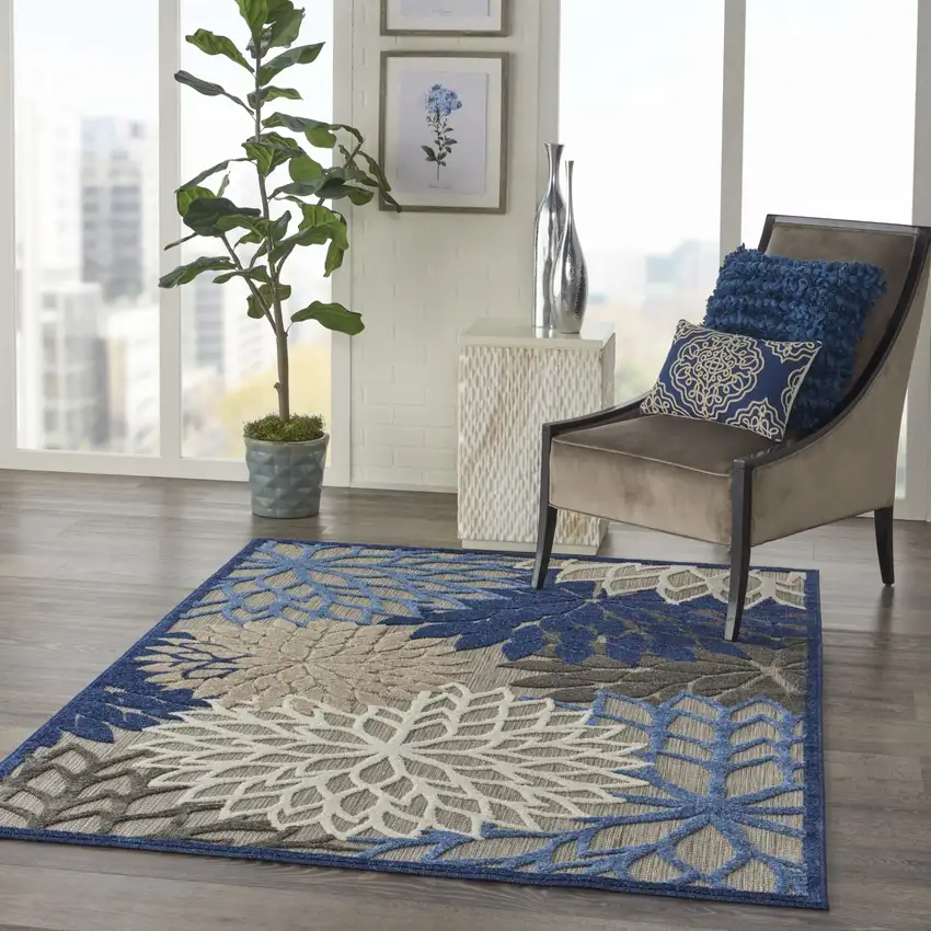 Blue Large Floral Indoor Outdoor Area Rug Photo 7