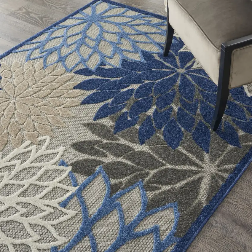 Blue Large Floral Indoor Outdoor Area Rug Photo 4