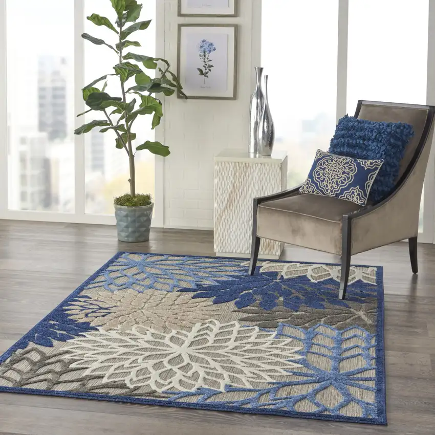 Blue And Gray Floral Indoor Outdoor Area Rug Photo 8