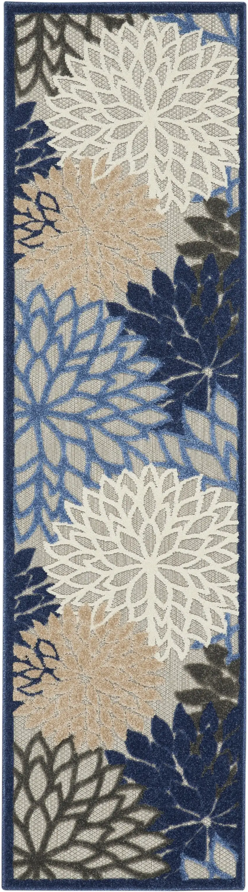 Blue Large Floral Indoor Outdoor Runner Rug Photo 1