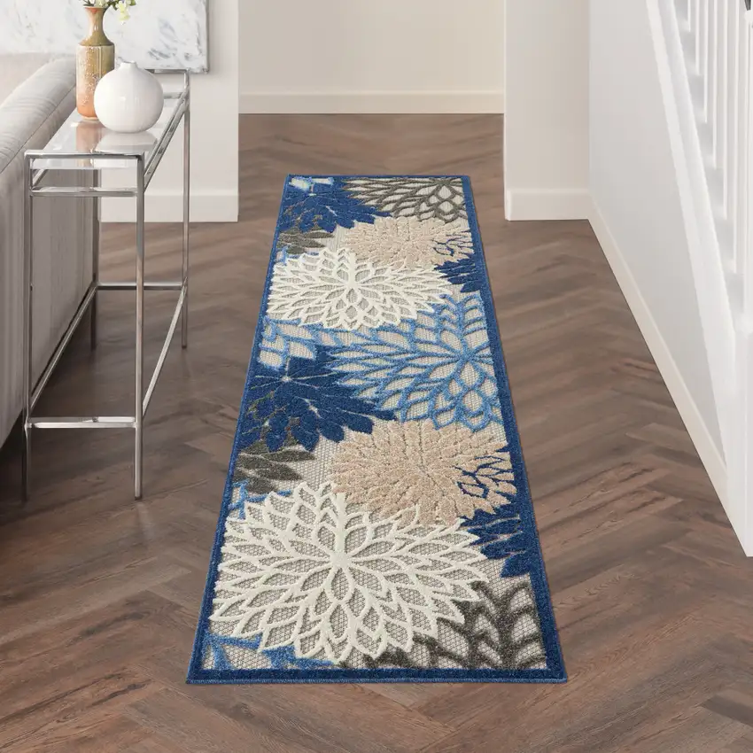 2' X 12' Blue Large Floral Indoor Outdoor Runner Rug Photo 6