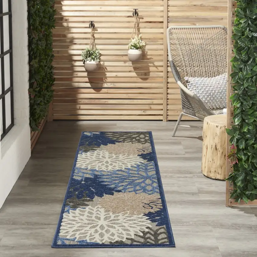 Blue Large Floral Indoor Outdoor Runner Rug Photo 6