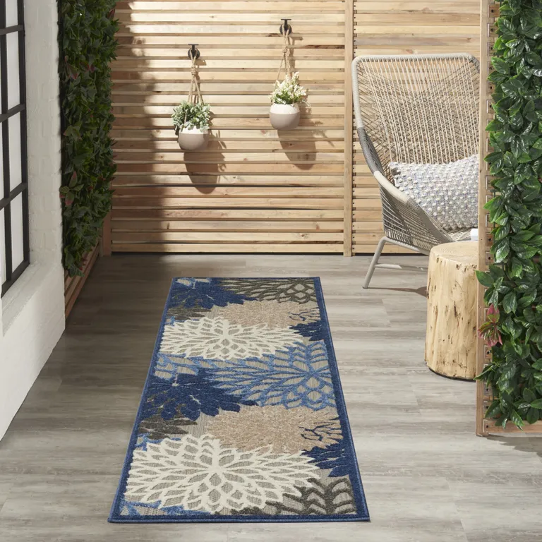 Blue Large Floral Indoor Outdoor Runner Rug Photo 2