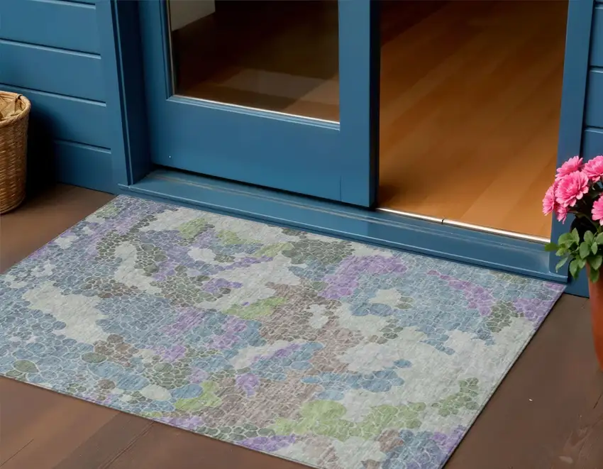 Blue Lavender And Brown Geometric Washable Indoor Outdoor Area Rug Photo 2