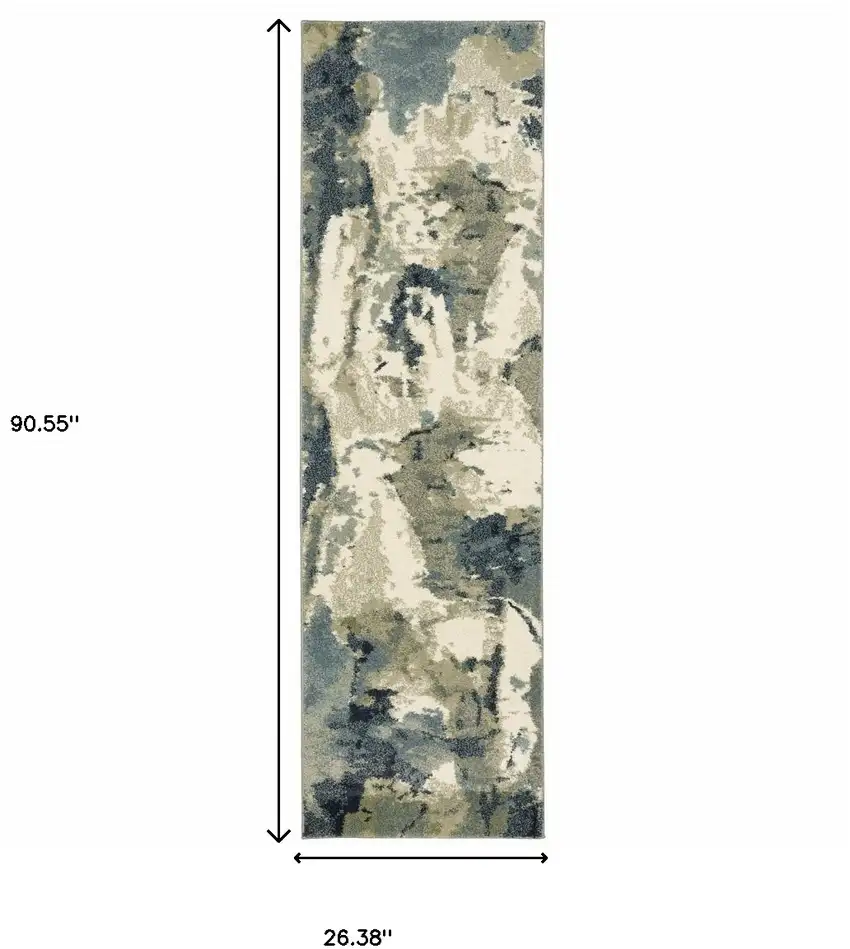 Blue Light Blue Grey Sage Beige And Ivory Abstract Power Loom Stain Resistant Runner Rug Photo 10