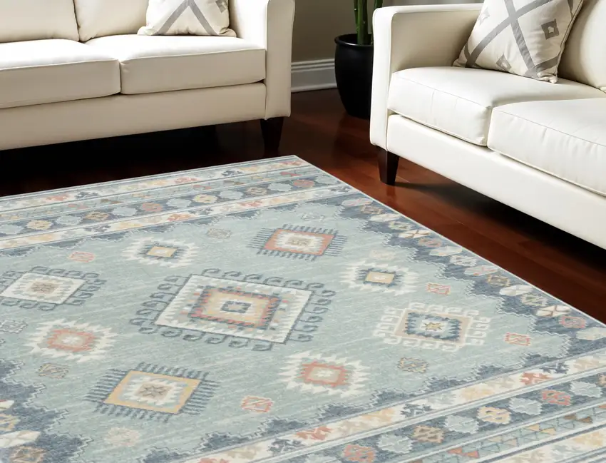 Blue Light Blue and Orange Geometric Flatweave Area Rug Photo 1