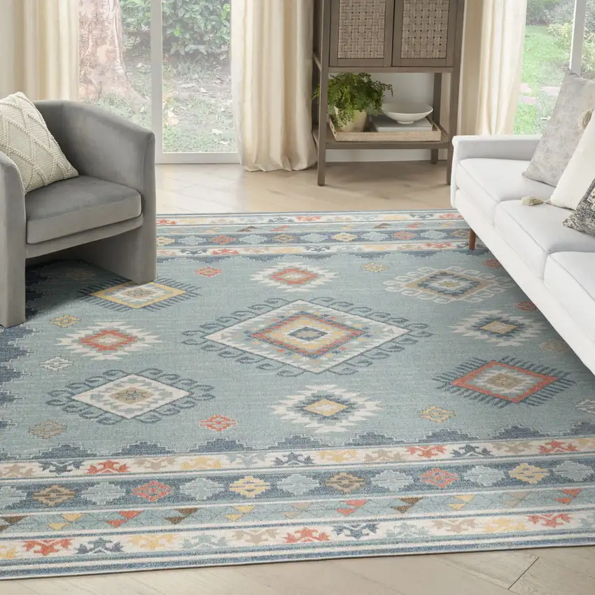 Blue Light Blue and Orange Geometric Flatweave Area Rug Photo 2