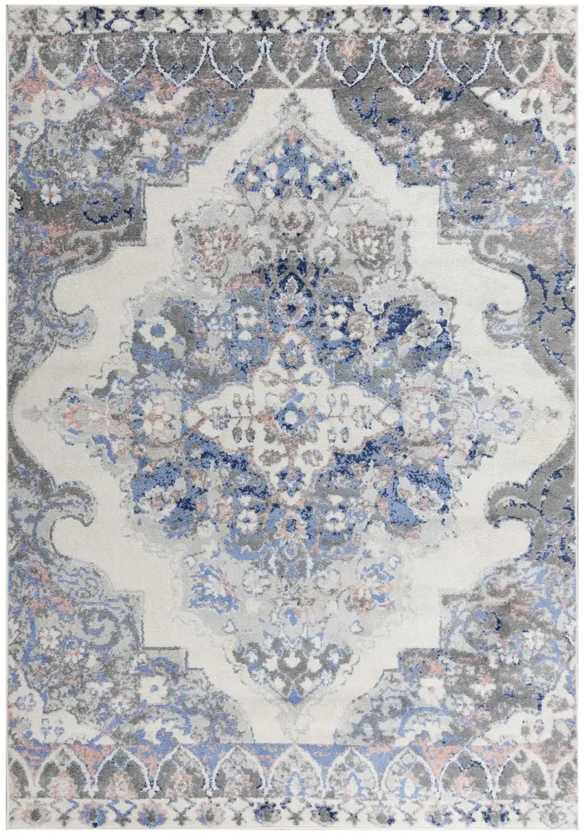 Blue Light Pink Dark Blue Gray And Ivory Medallion Area Rug Photo 2