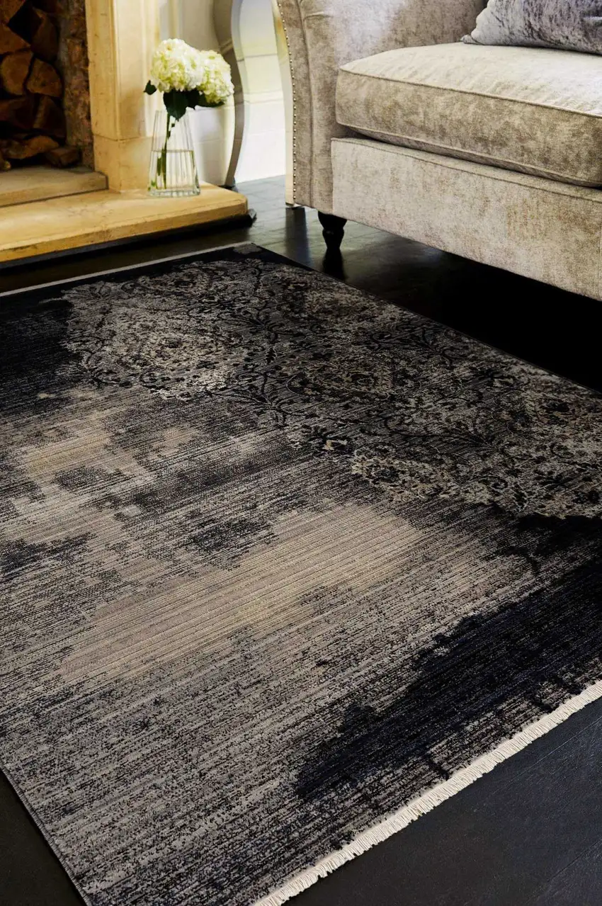 Taupe And Black Damask Area Rug Photo 5
