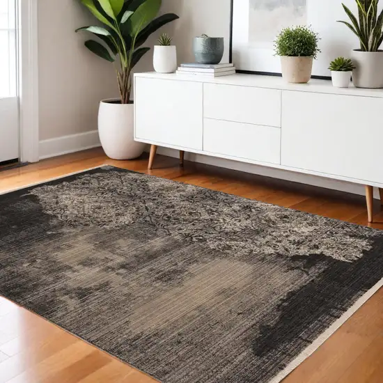 Taupe And Black Damask Area Rug Photo 1