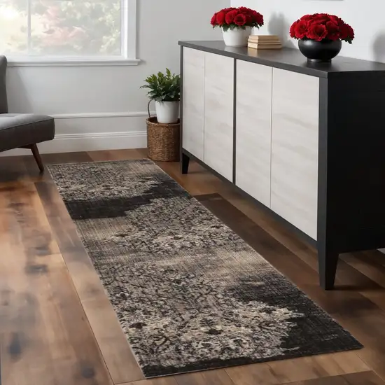 8' Taupe And Black Damask Runner Rug Photo 1