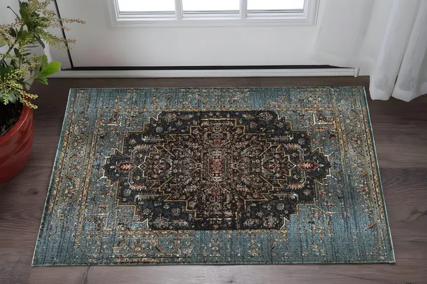 Blue Medallion Distressed Area Rug Photo 1
