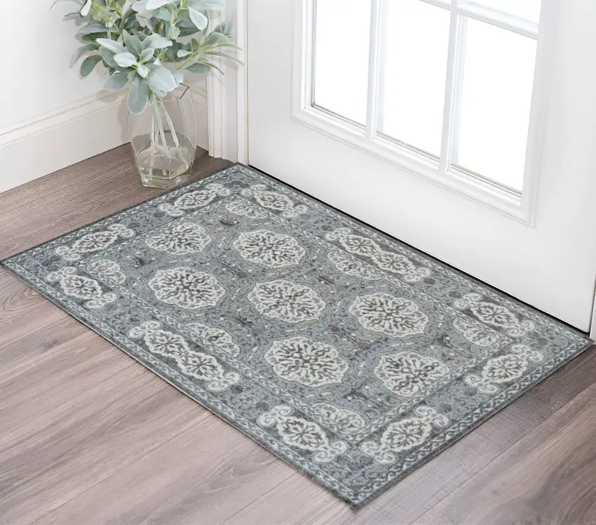 Charcoal and Ivory Medallion Power Loom Area Rug Photo 1