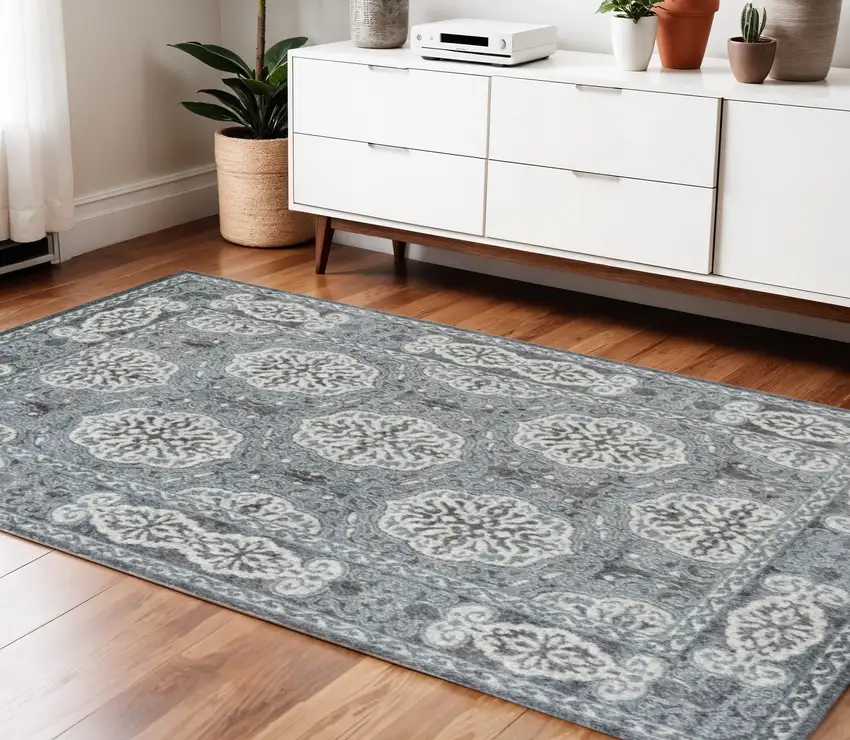 Charcoal and Ivory Medallion Power Loom Area Rug Photo 1