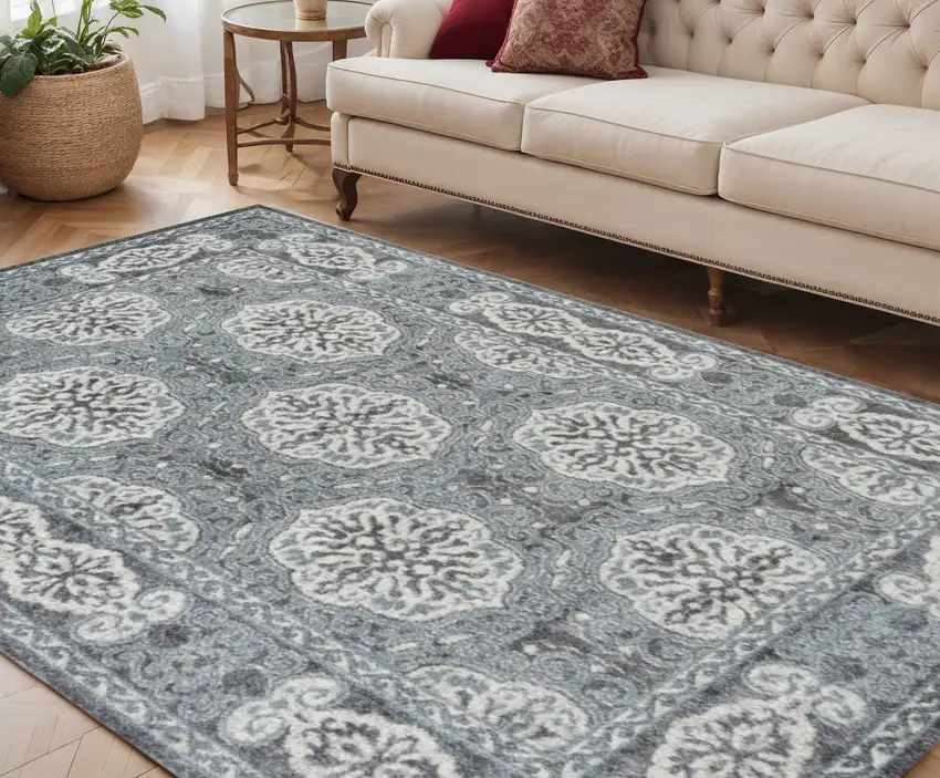 Charcoal and Ivory Medallion Power Loom Area Rug Photo 1