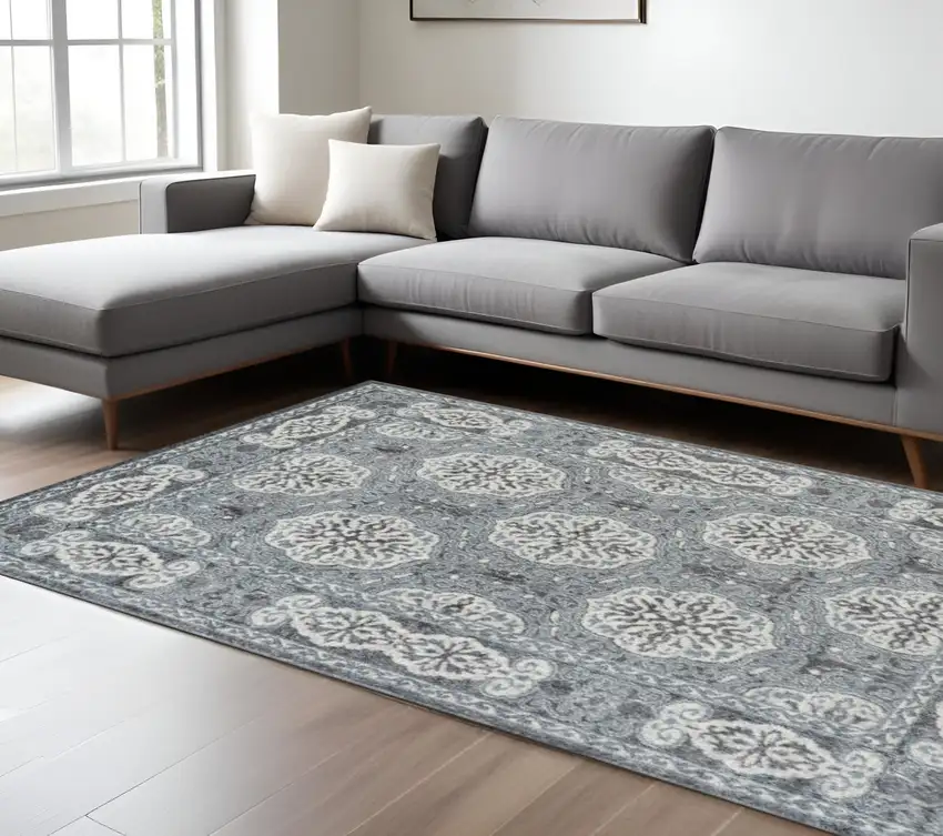 Charcoal and Ivory Medallion Power Loom Area Rug Photo 1