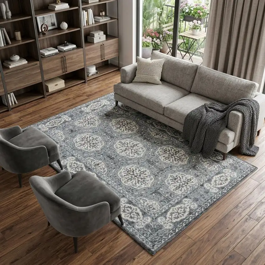Charcoal And Ivory Medallion Area Rug Photo 1