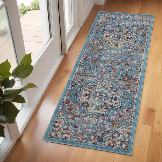 6' Ivory Blue and Orange Medallion Power Loom Runner Rug Photo 1