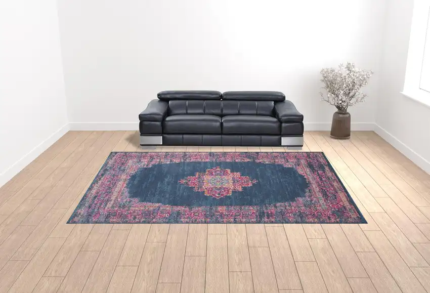 Blue Moroccan Power Loom Distressed Area Rug Photo 2