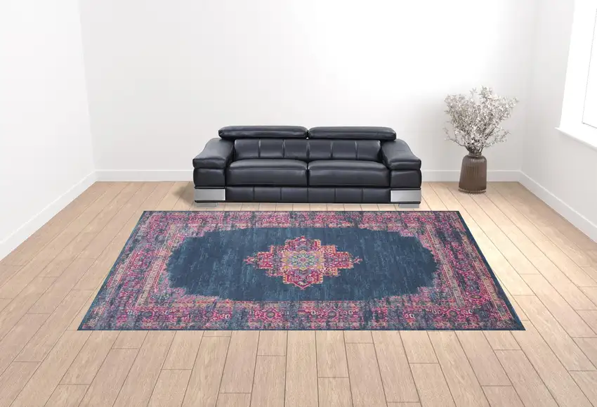Blue Moroccan Power Loom Distressed Area Rug Photo 2