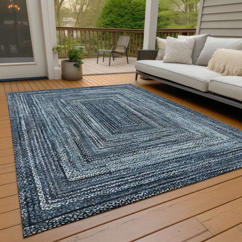 Blue Navy Blue And Ivory Geometric Washable Indoor Outdoor Area Rug Photo 8