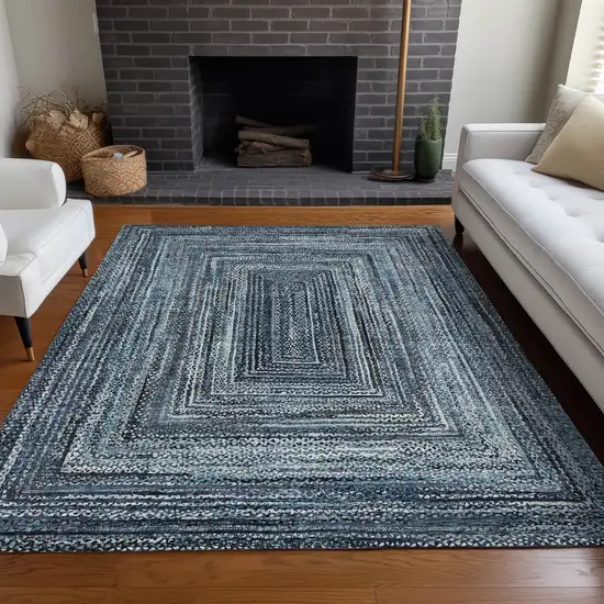 Blue Navy Blue And Ivory Geometric Washable Indoor Outdoor Area Rug Photo 7