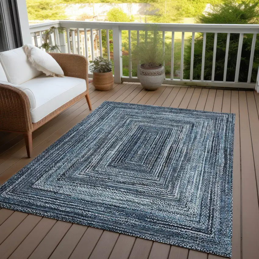 Blue Navy Blue And Ivory Geometric Washable Indoor Outdoor Area Rug Photo 5