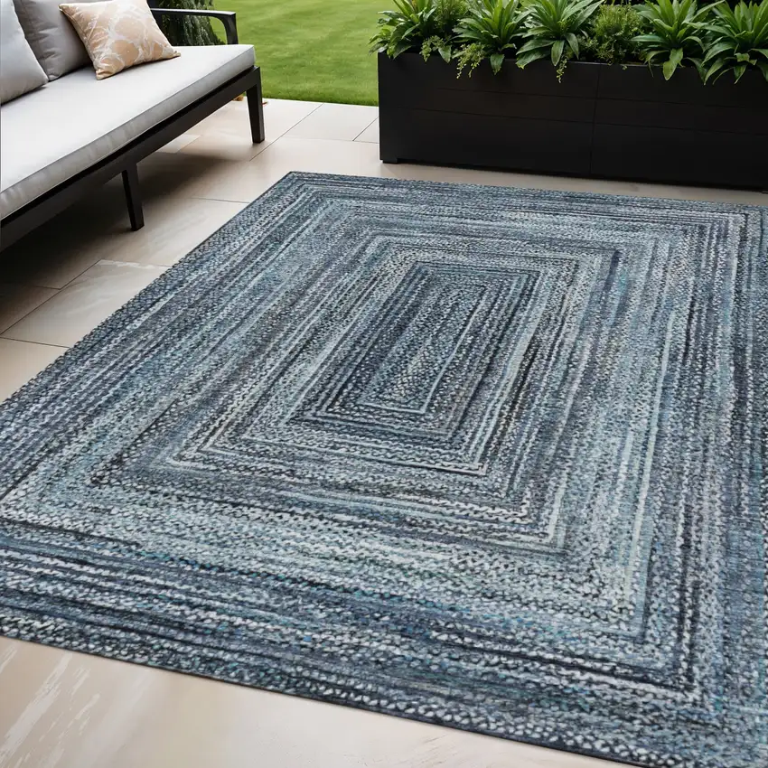 Blue Navy Blue And Ivory Geometric Washable Indoor Outdoor Area Rug Photo 2