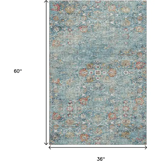 Blue Orange And Gold Floral Medallion Washable Area Rug With UV Protection Photo 3