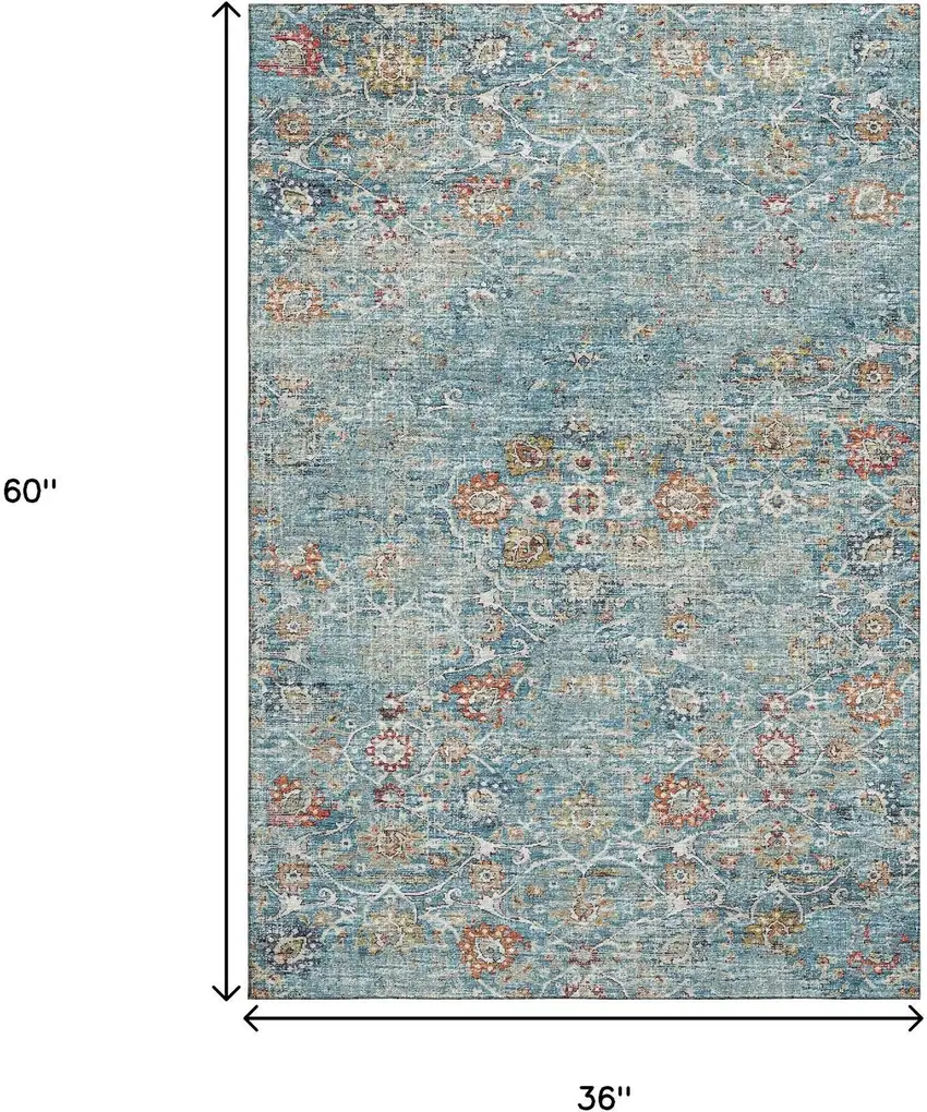 Blue Orange And Gold Floral Medallion Washable Area Rug With UV Protection Photo 3