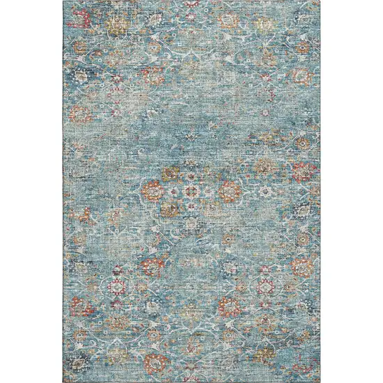 Blue Orange And Gold Floral Medallion Washable Area Rug With UV Protection Photo 2