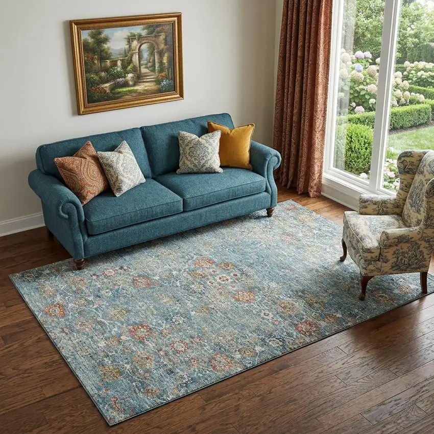Blue Orange And Gold Floral Medallion Distressed Washable Area Rug With UV Protection Photo 1