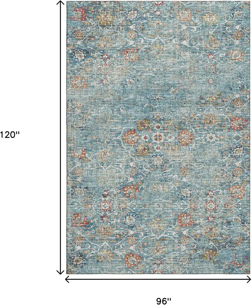 Blue Orange And Gold Floral Medallion Washable Area Rug With UV Protection Photo 3