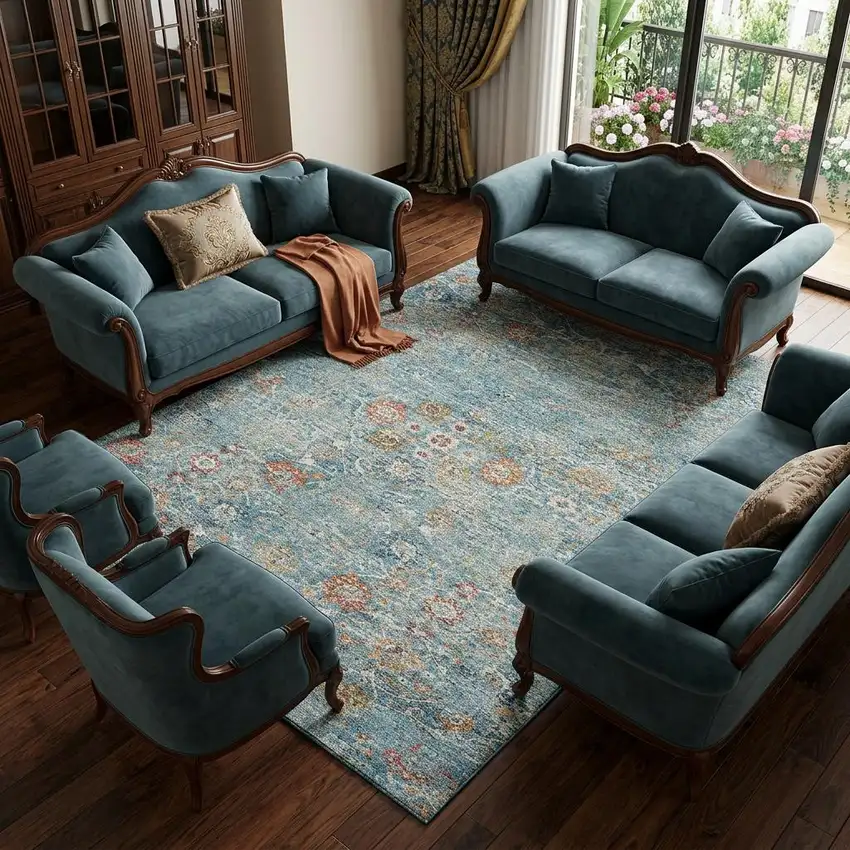 Blue Orange And Gold Floral Medallion Distressed Washable Area Rug With UV Protection Photo 1