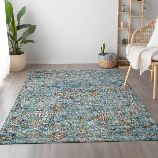 Blue Orange And Gold Floral Medallion Washable Area Rug With UV Protection Photo 4