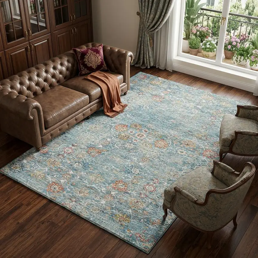 Blue Orange And Gold Floral Medallion Distressed Washable Area Rug With UV Protection Photo 1