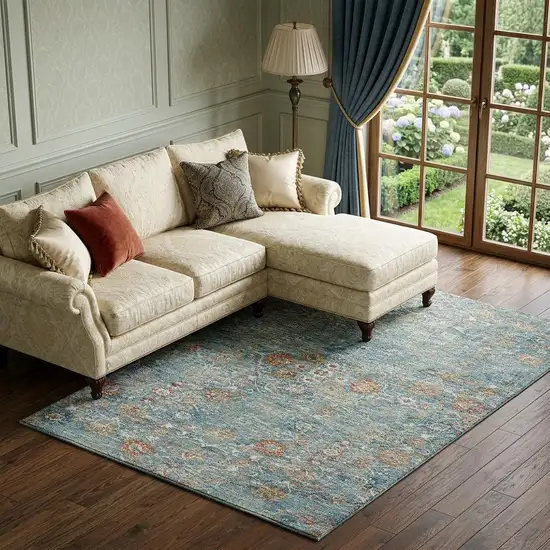 Blue Orange And Gold Floral Medallion Distressed Washable Area Rug With UV Protection Photo 1