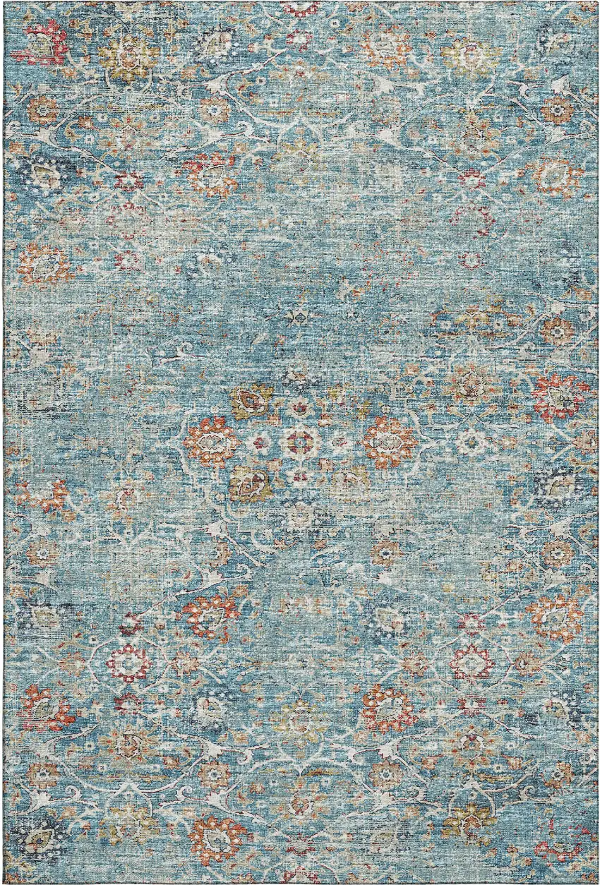 Blue Orange And Gold Floral Medallion Washable Area Rug With UV Protection Photo 2