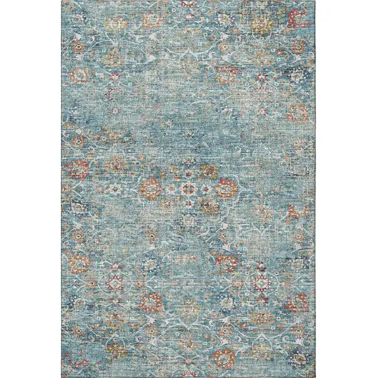 Blue Orange And Gold Floral Medallion Washable Area Rug With UV Protection Photo 4