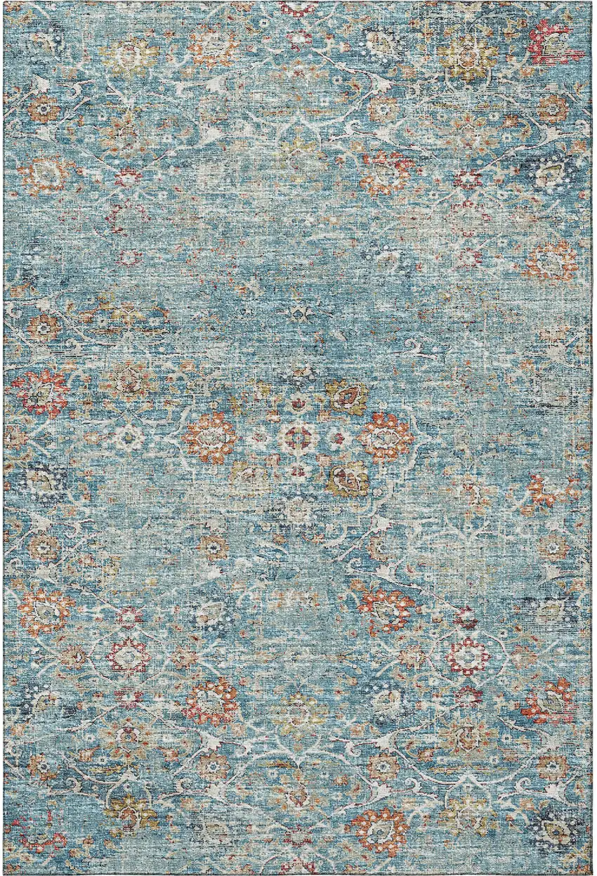 Blue Orange And Gold Floral Medallion Washable Area Rug With UV Protection Photo 4