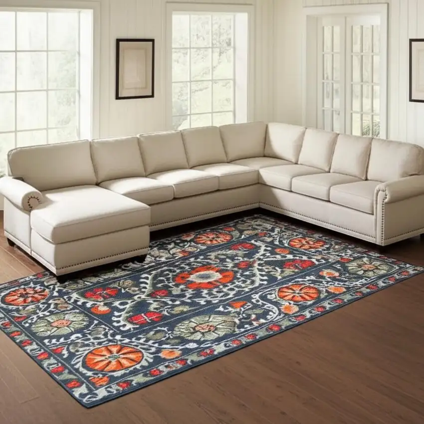 Blue Orange And Gray Tribal Washable Area Rug With UV Protection Photo 1