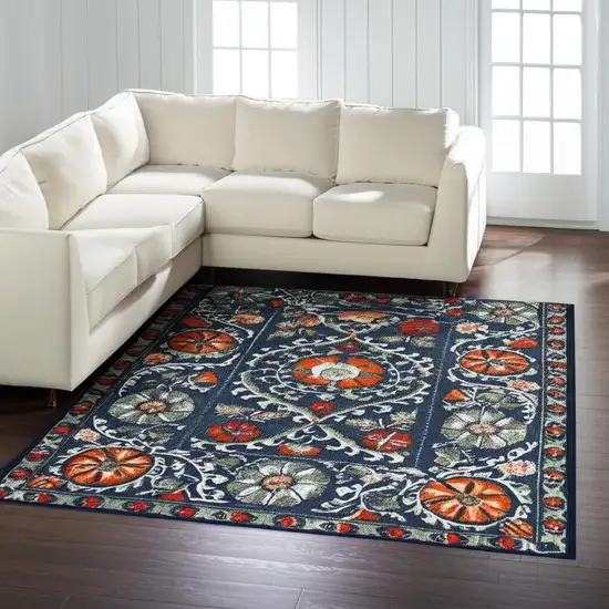 Blue Orange And Gray Tribal Washable Area Rug With UV Protection Photo 1