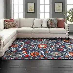 Photo of Blue Orange And Gray Tribal Washable Area Rug With UV Protection