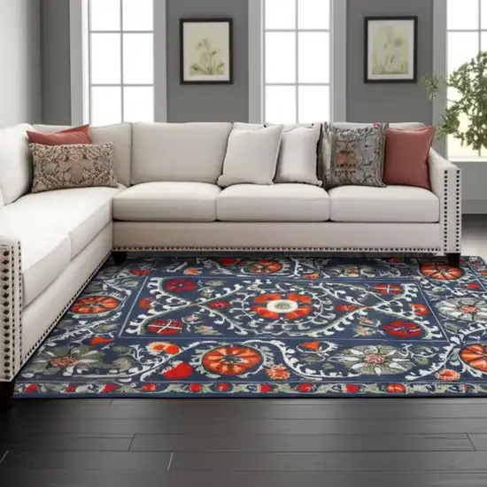 Blue Orange And Gray Tribal Washable Area Rug With UV Protection Photo 1