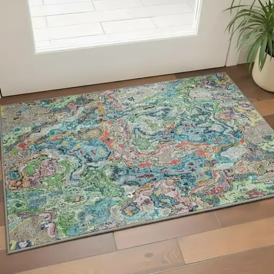 Blue Orange And Green Abstract Washable Area Rug With UV Protection Photo 2