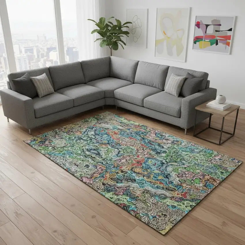 Blue Orange And Green Abstract Washable Area Rug With UV Protection Photo 2